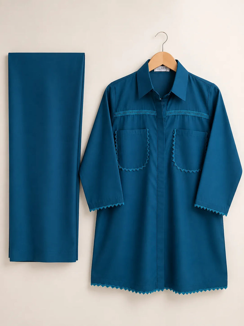 Zinc Blue Cotton 2-Piece Co-Ord Set with Loop Lace Trims & Straight Trousers