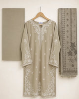 Beige Grey Embroidered 3-Piece Stitched Suit with Printed Bamber Dupatta