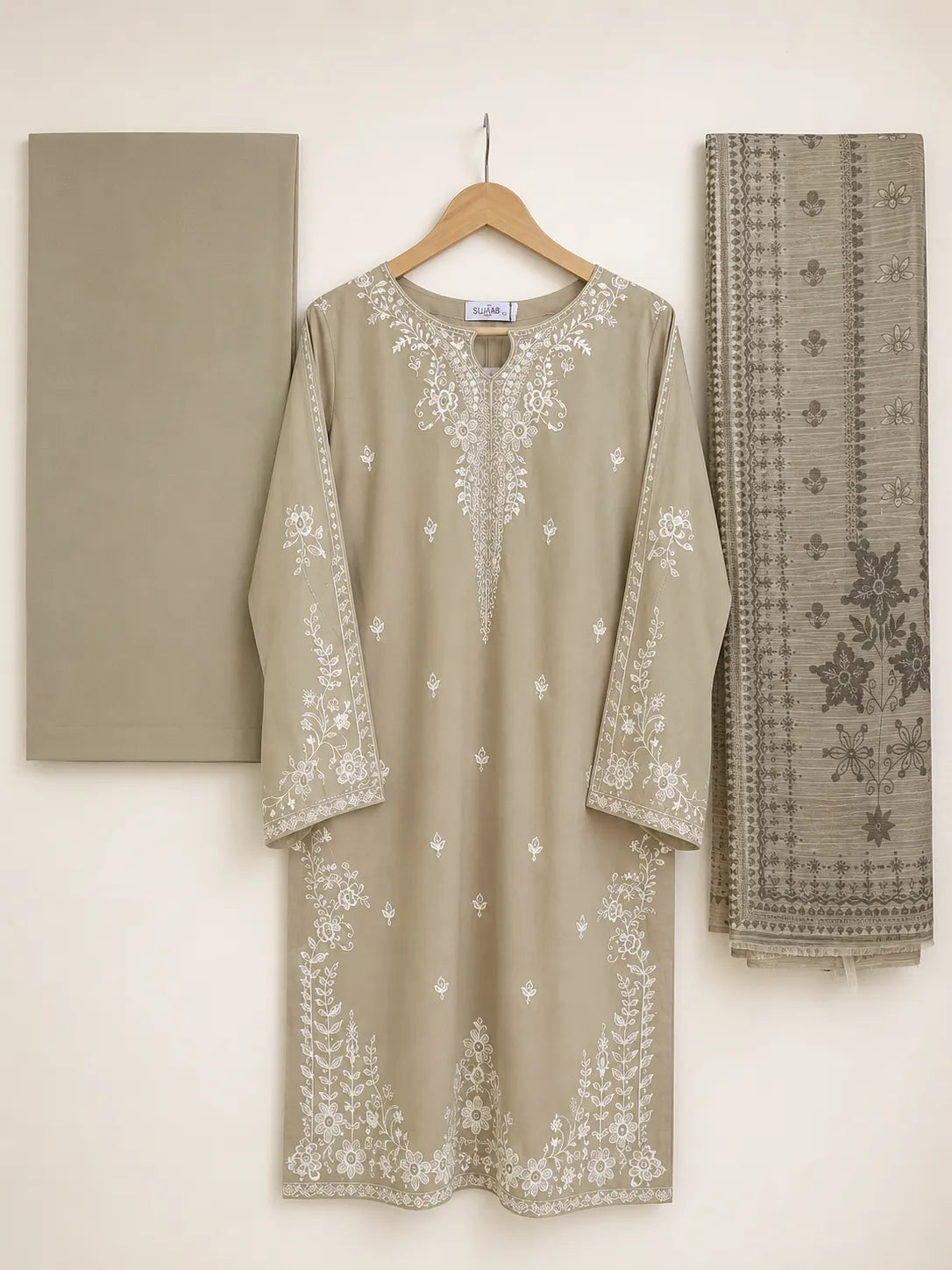 Beige Grey Embroidered 3-Piece Stitched Suit with Printed Bamber Dupatta