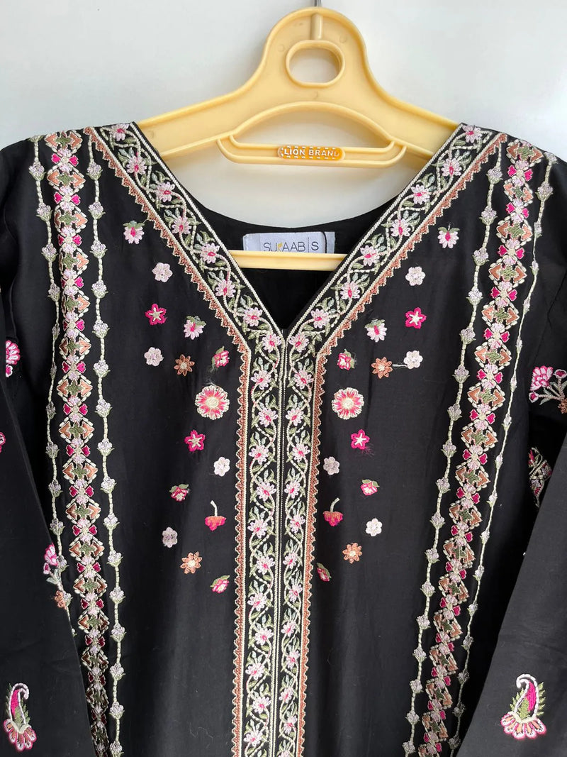 Black Embroidered Long Ambi/Paisley 3-Piece Stitched Suit with Printed Dupatta