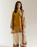 Mustard Yellow Embroidered Short Kurti 3-Piece Stitched Suit with Embroidered Shalwar & Printed Dupatta