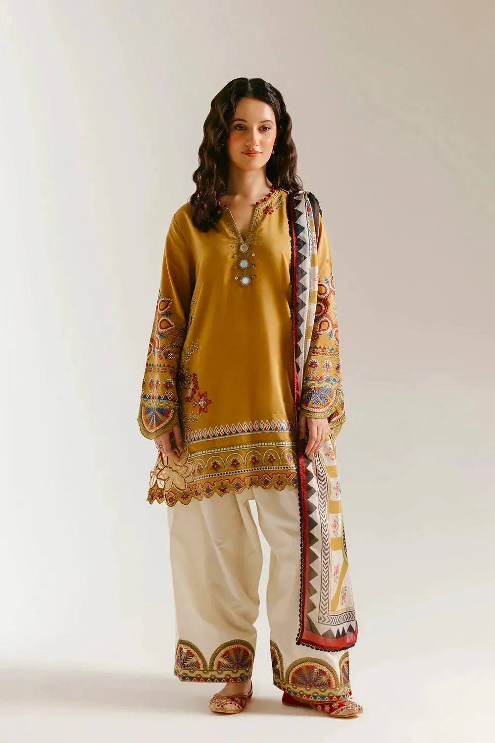 Mustard Yellow Embroidered Short Kurti 3-Piece Stitched Suit with Embroidered Shalwar & Printed Dupatta