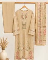 Beige / Skin Floral Embroidered Lawn 3-Piece Stitched Suit with Schiffli Lace Sleeves & Doriya Dupatta