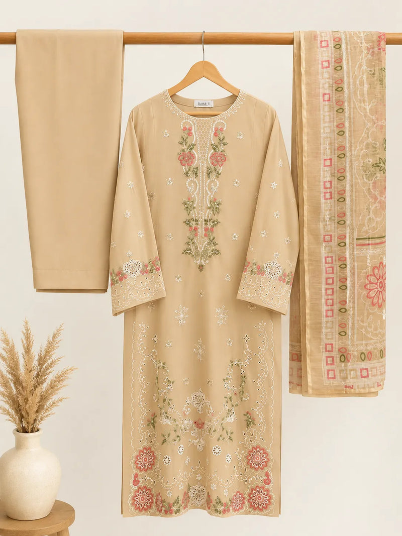 Beige / Skin Floral Embroidered Lawn 3-Piece Stitched Suit with Schiffli Lace Sleeves & Doriya Dupatta