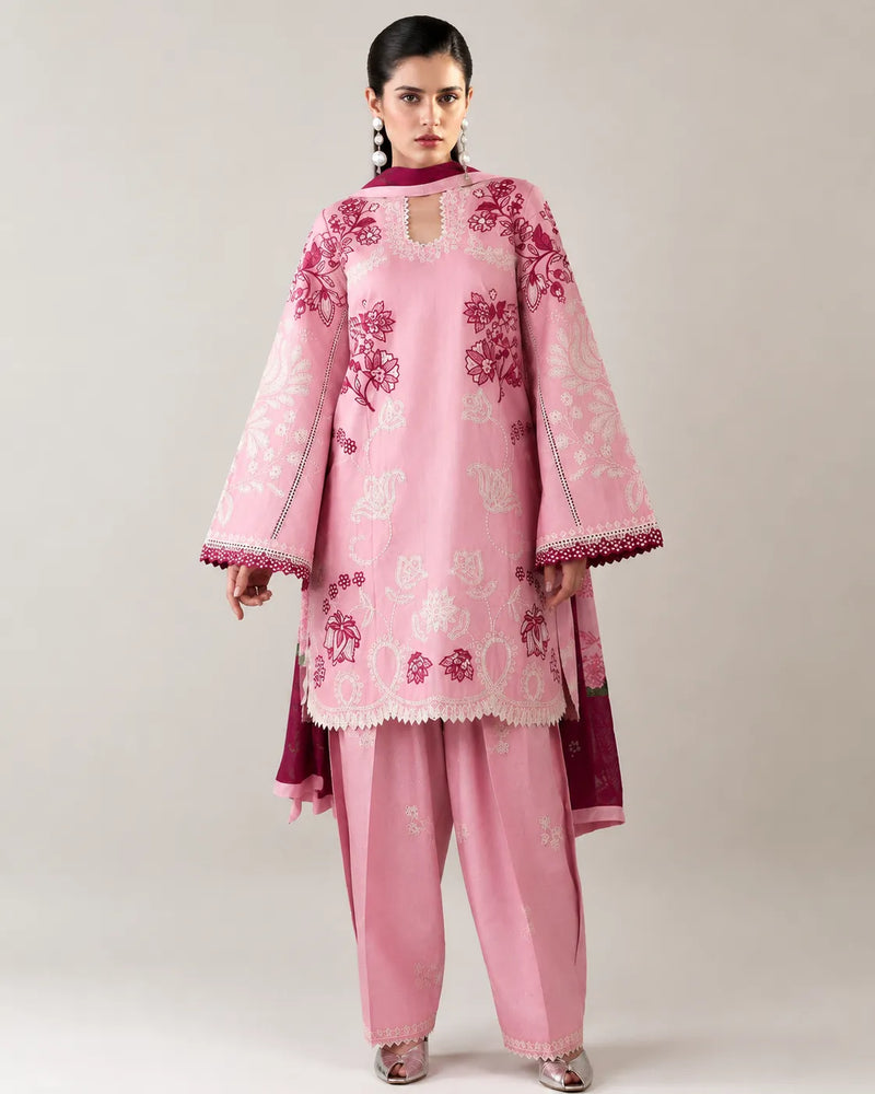 Salmon Pink Short Embroidered Lawn 3-Piece Stitched Suit with Embroidered Shalwar & Silk Dupatta