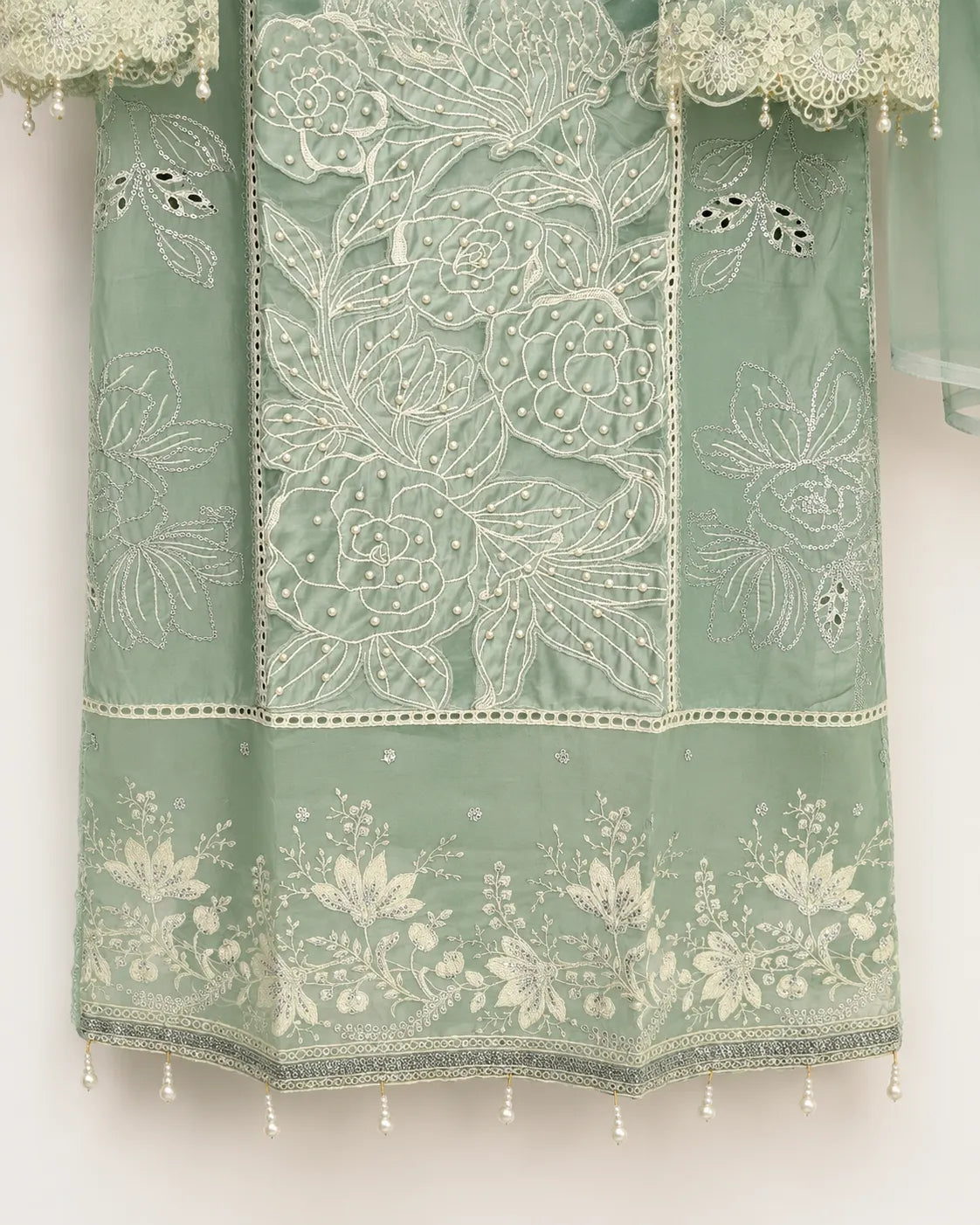 Aqua Blue Embroidered 3-Piece Stitched Suit with Organza Patch Sleeves