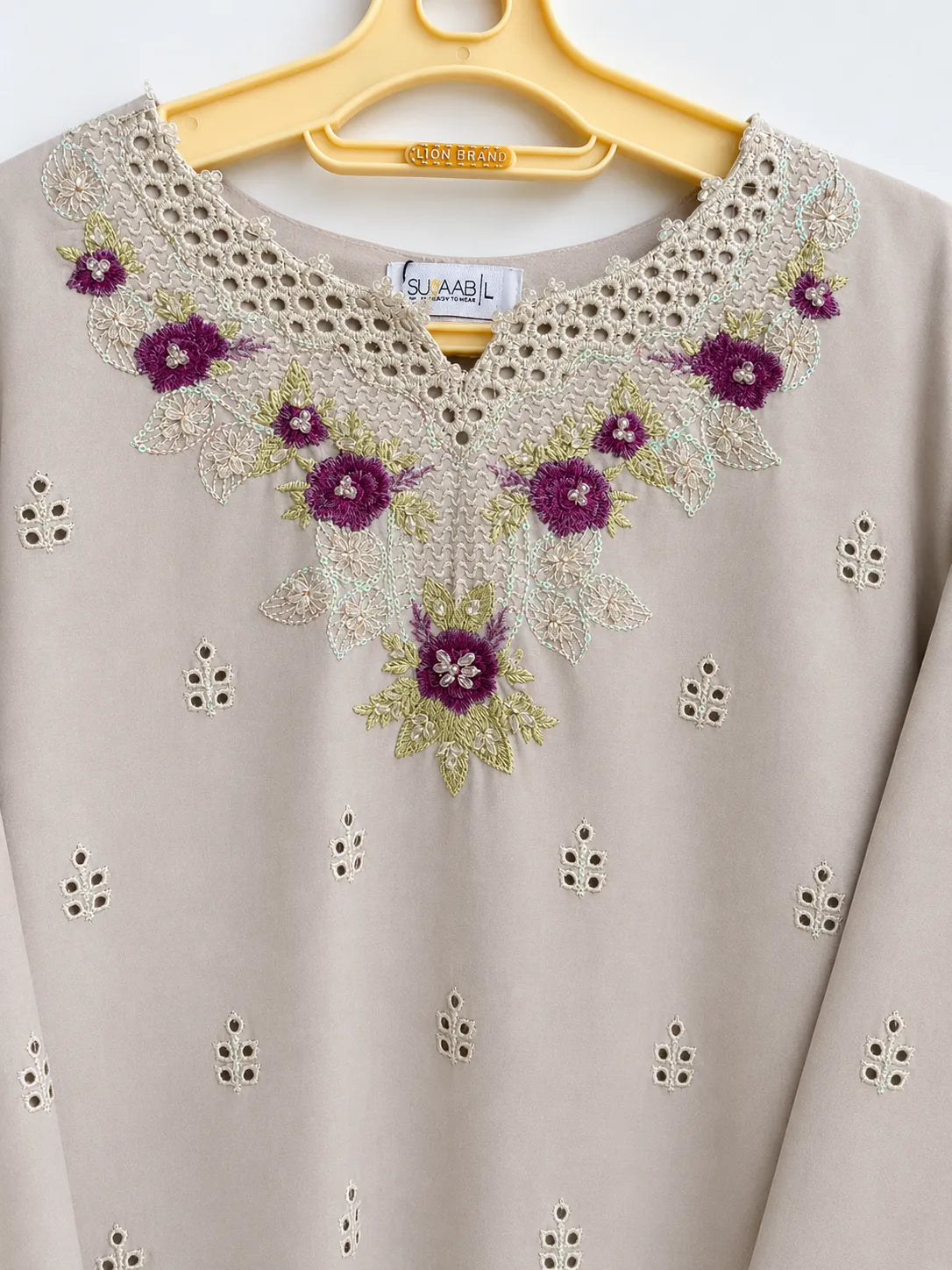 Dove Grey & Purple Floral Embroidered 3-Piece Stitched Suit with Chikankari Hem & Embroidered Dupatta