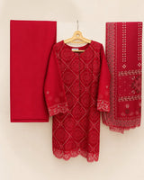 Blood Red Embroidered Chickenkari & Sequins 3-Piece Stitched Suit with Silk Dupatta
