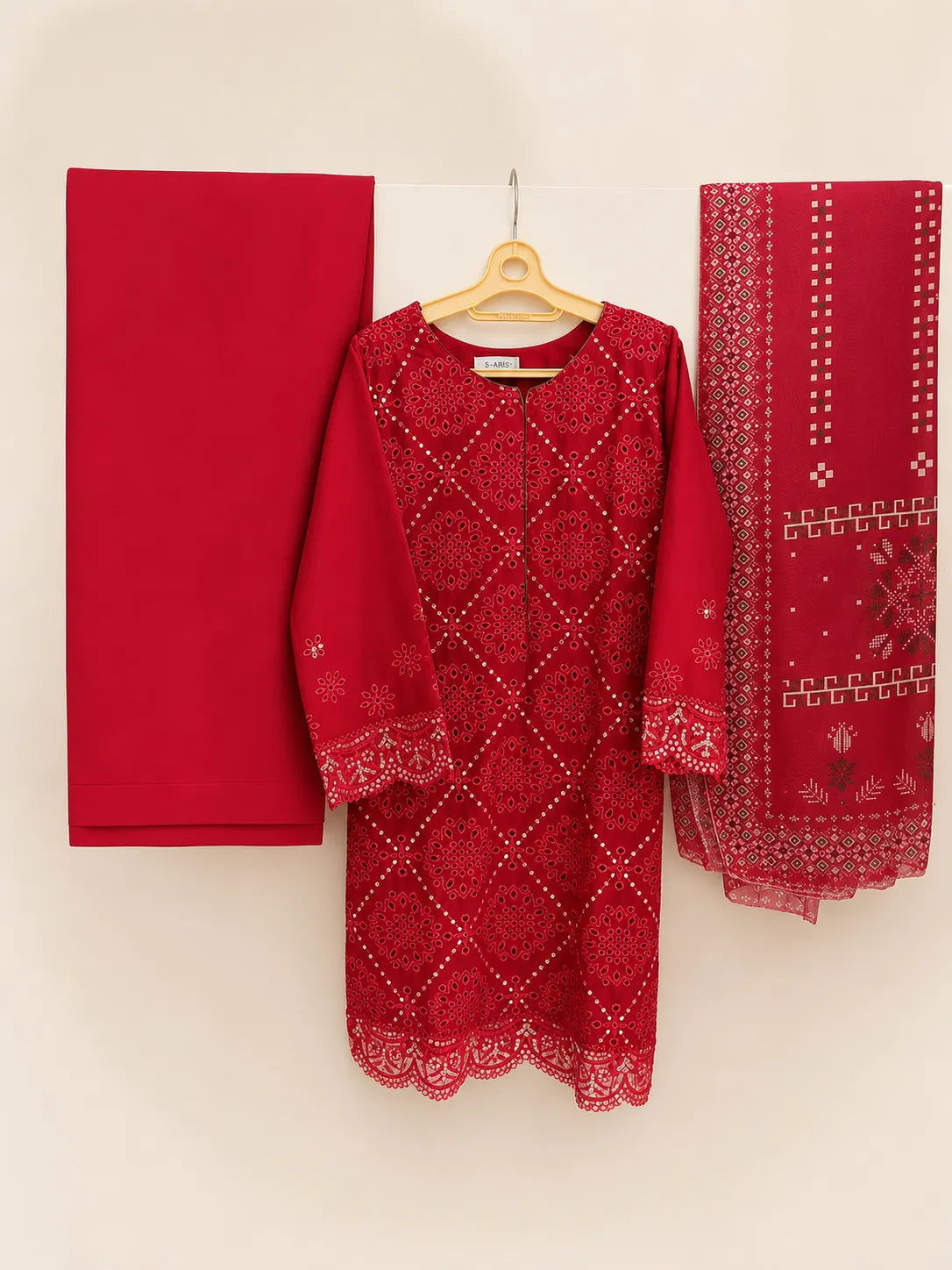 Blood Red Embroidered Chickenkari & Sequins 3-Piece Stitched Suit with Silk Dupatta