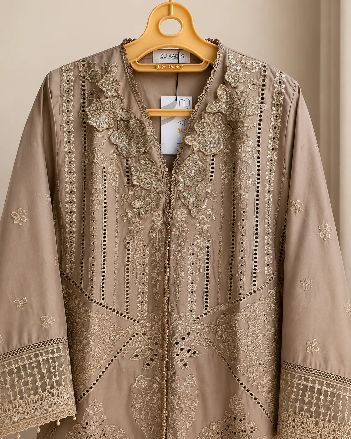 Beige Embroidered 3-Piece Stitched Suit with Printed Dupatta
