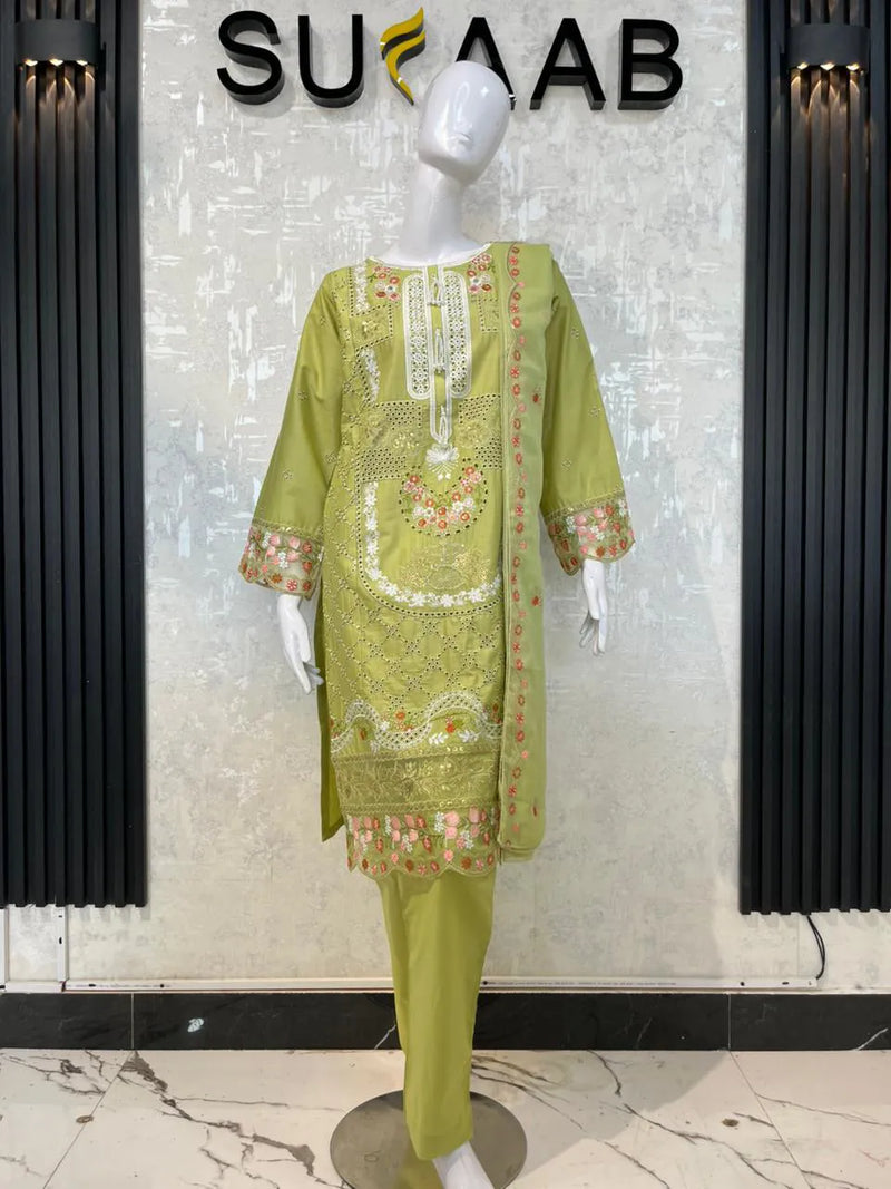 Lime Green Embroidered Chikankari 3-Piece Stitched Suit with Chiffon Dupatta