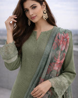Olive Green Floral Embroidered Lawn 3-Piece Stitched Suit with Printed Organza Dupatta