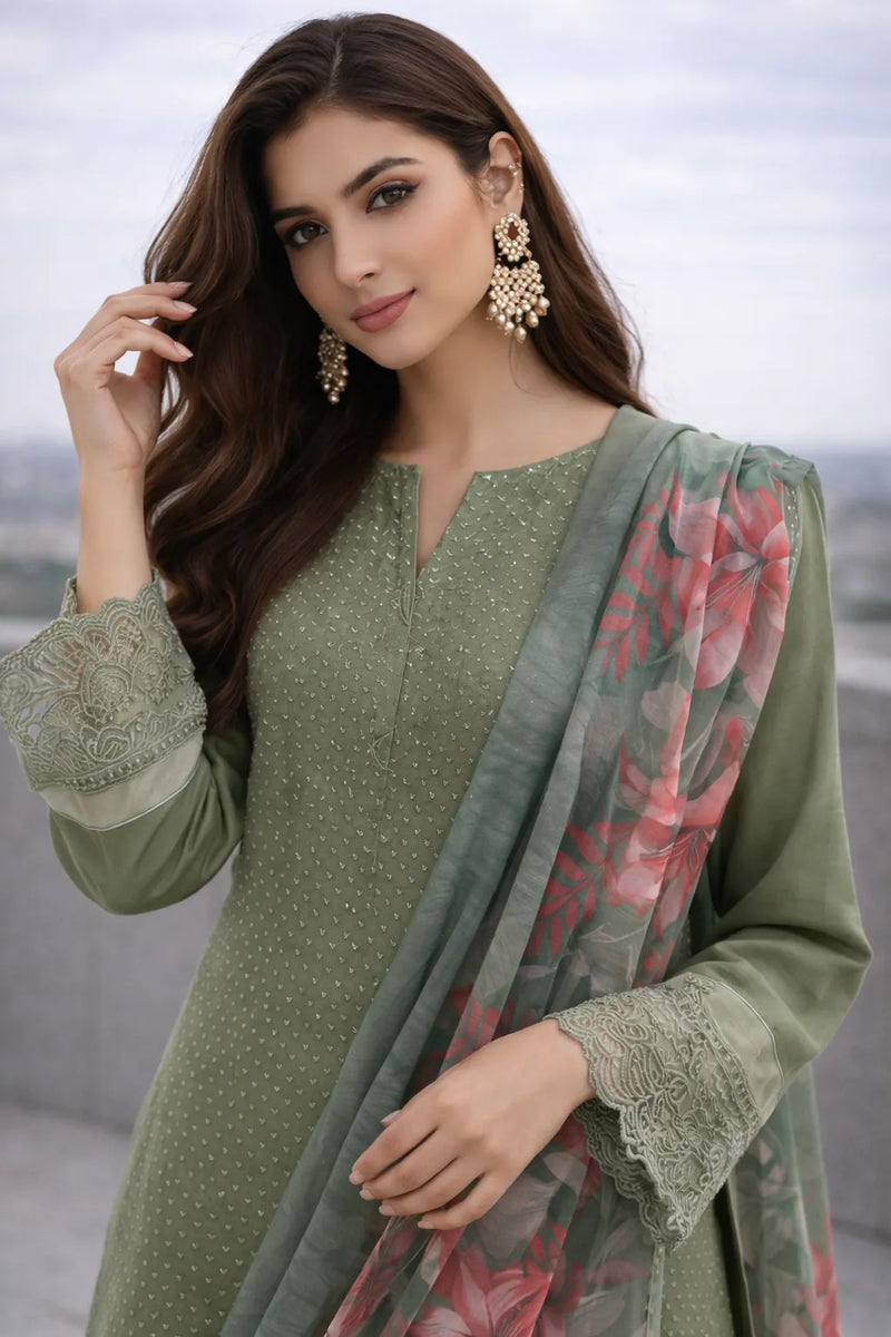 Olive Green Floral Embroidered Lawn 3-Piece Stitched Suit with Printed Organza Dupatta
