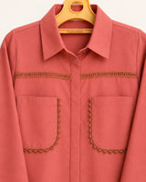 Salmon Pink Cotton 2-Piece Co-Ord Set with Contrast Stitching Details & Straight Trousers