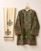 Olive Green Embroidered Short Lawn Kurti 2-Piece Stitched Suit with Off-White Embroidered Shalwar
