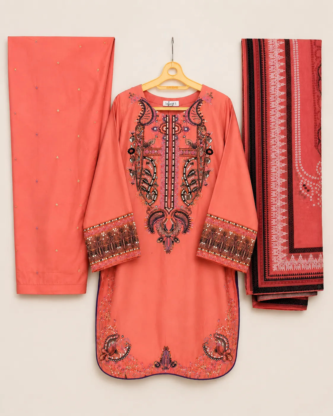 Peach Pink Embroidered Short Lawn Kurti 3-Piece Stitched Suit with Farshi Shalwar & Silk Dupatta