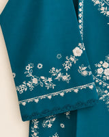 Teal Blue Embroidered Lawn Short Kurti 2-Piece Stitched Suit with Off-White Embroidered Shalwar