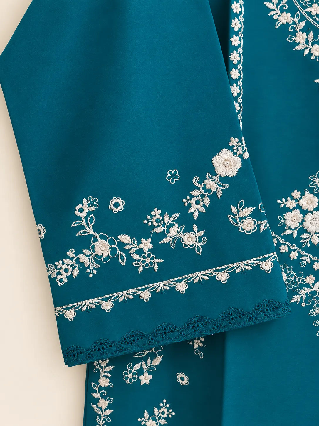 Teal Blue Embroidered Lawn Short Kurti 2-Piece Stitched Suit with Off-White Embroidered Shalwar