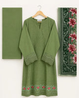 Olive Green Minimal Embroidered 3-Piece Stitched Suit with Floral Printed Dupatta