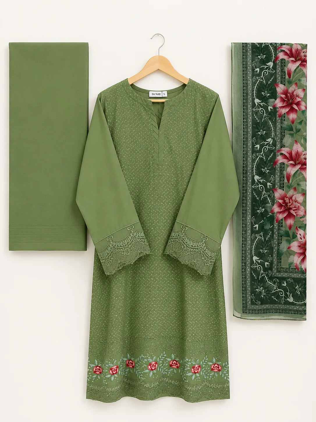 Olive Green Minimal Embroidered 3-Piece Stitched Suit with Floral Printed Dupatta