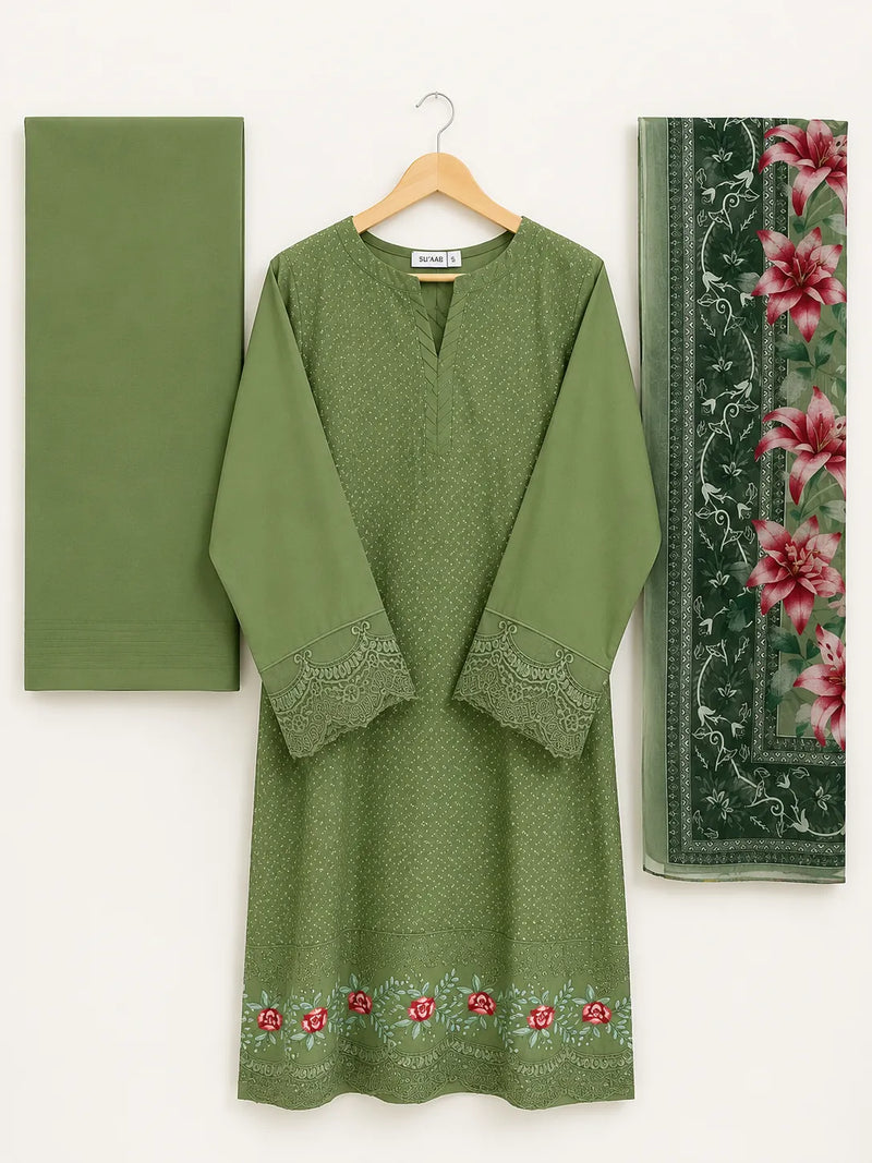 Olive Green Minimal Embroidered 3-Piece Stitched Suit with Floral Printed Dupatta