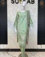 Aqua Blue Long Embroidered 3-Piece Stitched Suit with Organza Patch Work