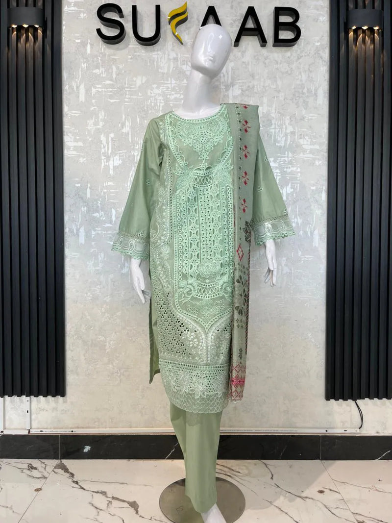 Aqua Blue Long Embroidered 3-Piece Stitched Suit with Organza Patch Work