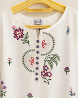 Off-White Floral Multi-Color Embroidered Lawn 3-Piece Stitched Long Suit with Imported Bamber Dupatta