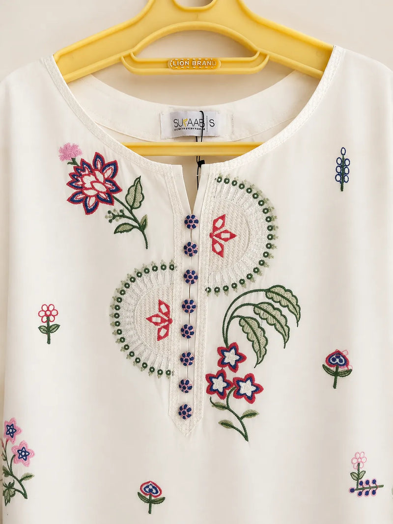 Off-White Floral Multi-Color Embroidered Lawn 3-Piece Stitched Long Suit with Imported Bamber Dupatta
