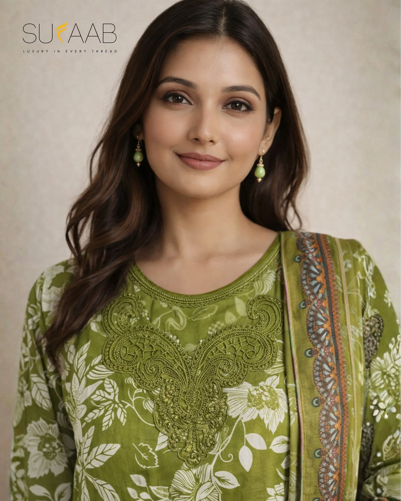 Parrot Green Floral Lawn 3 Piece Suit | Embroidered Neckline & Printed Dupatta