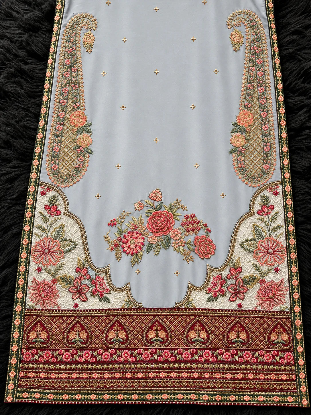 Ice Blue Embroidered 3 Piece Pakistani Suit with Maroon Cuffs & Dupatta