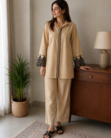 Beige Skin Soft Cotton 2-Piece Co-Ord Set with Black Embroidered Placket & Cutwork Lace Cuffs