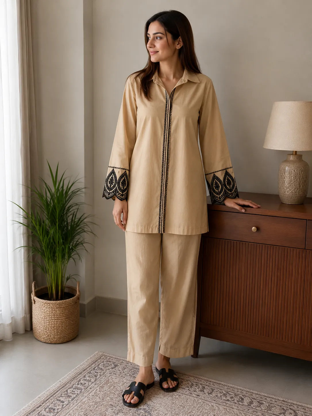 Beige Skin Soft Cotton 2-Piece Co-Ord Set with Black Embroidered Placket & Cutwork Lace Cuffs