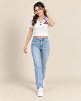 Women's White Ribbed Cropped Polo Shirt with Contrast Collar & Embroidered Logo