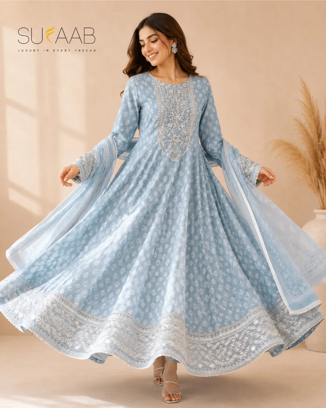 Embroidered Anarkali Frock with Dupatta | Sufaab