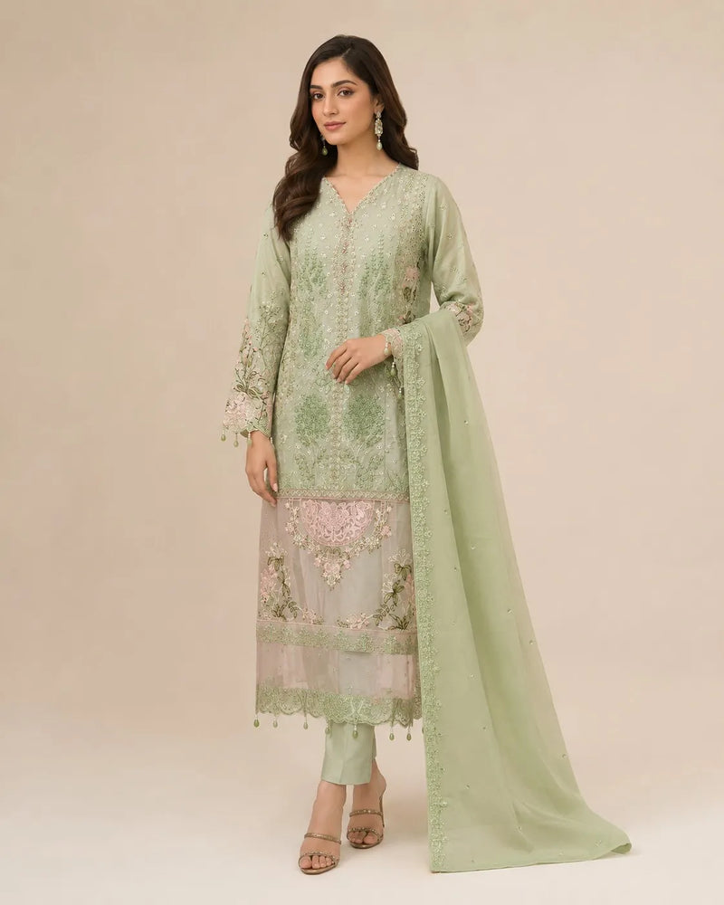 Sage Green Embroidered Pakistani Suit with Dupatta