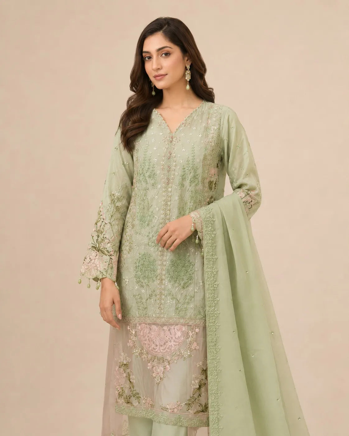 Sage Green Embroidered Pakistani Suit with Dupatta