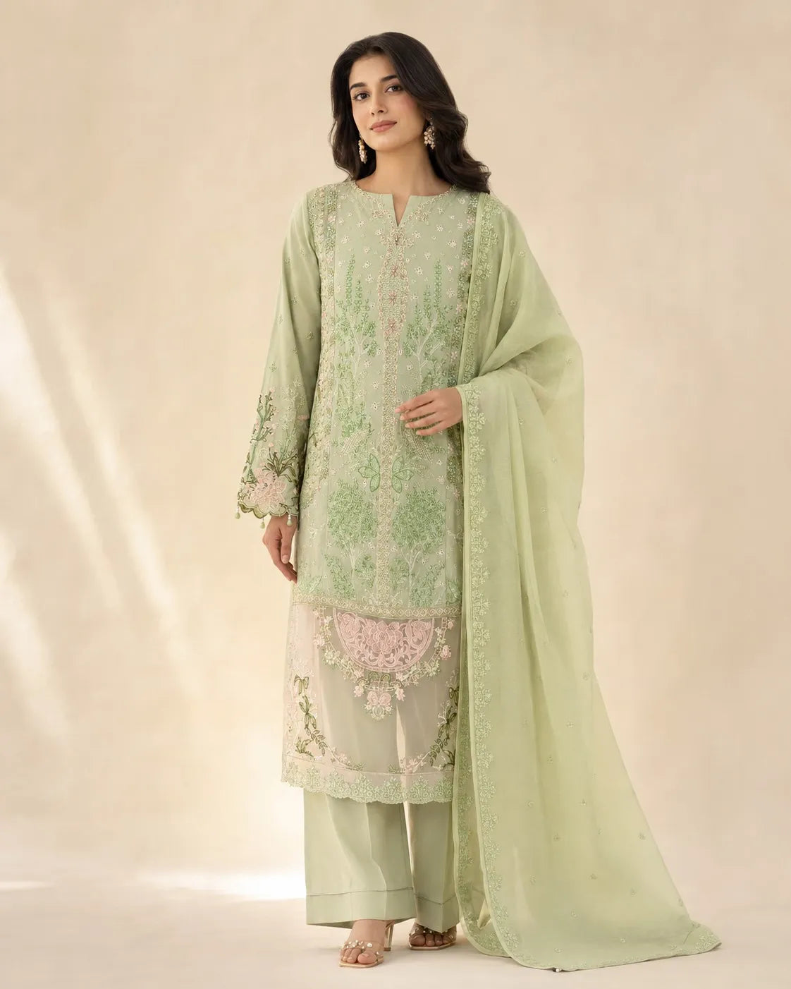 Sage Green Embroidered Pakistani Suit with Dupatta