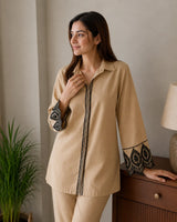 Beige Skin Soft Cotton 2-Piece Co-Ord Set with Black Embroidered Placket & Cutwork Lace Cuffs