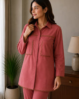 Salmon Pink Cotton 2-Piece Co-Ord Set with Contrast Stitching Details & Straight Trousers