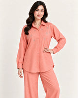 Peach Pink Crinkle Georgette 2-Piece Co-Ord Set with Embroidered Star Accents & Wide-Leg Trousers