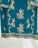 Teal Blue Embroidered Aari Work 3-Piece Stitched Suit with Bamber Dupatta