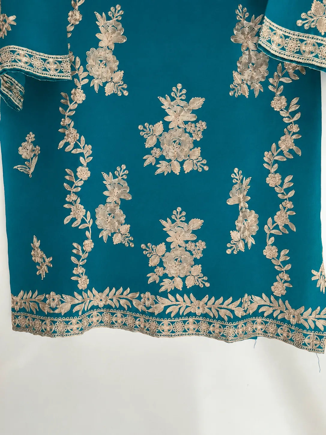Teal Blue Embroidered Aari Work 3-Piece Stitched Suit with Bamber Dupatta