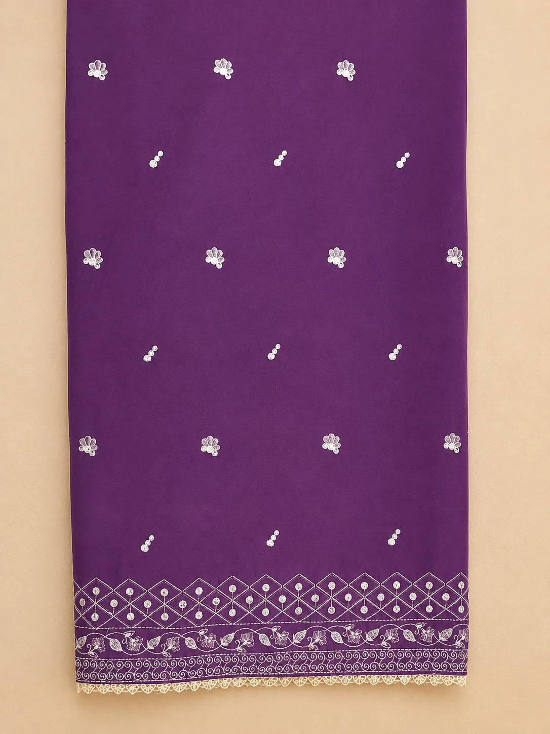 Royal Purple Embroidered Short Lawn Kurti 3-Piece Stitched Suit with Printed Dupatta & Embroidered Trouser