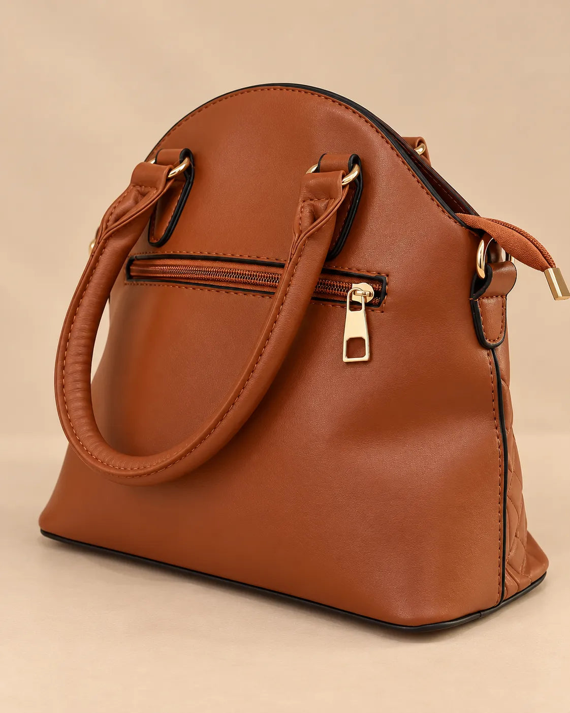 Brown Quilted Leather Top-Handle Satchel Bag | Fur Pom Pom Charm