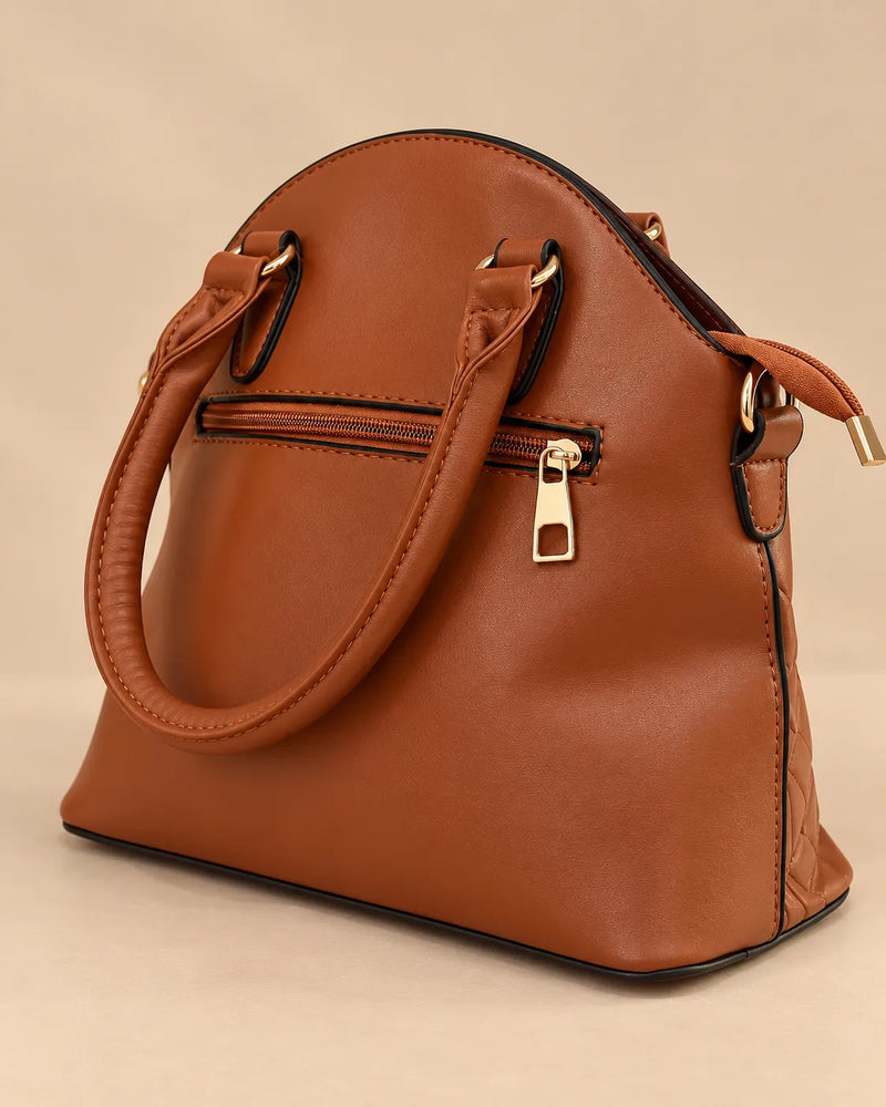 Brown Quilted Leather Top-Handle Satchel Bag | Fur Pom Pom Charm