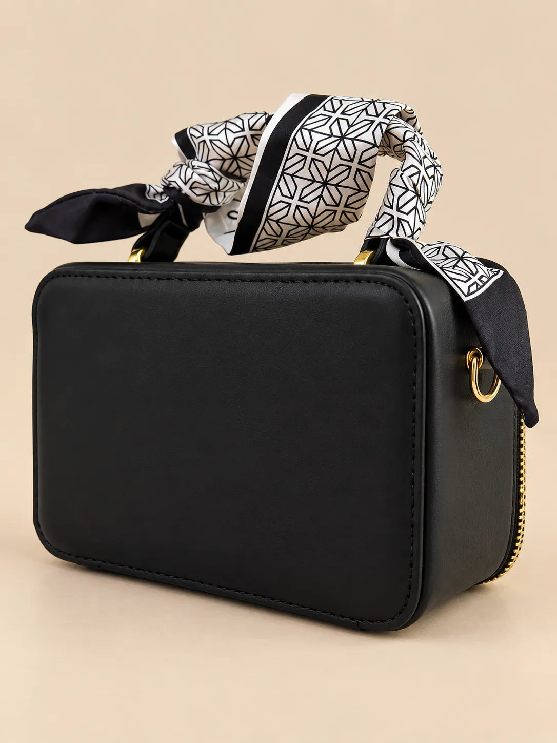 Black & Cream Woven Leather Box Bag | Scarf Top-Handle Trunk Purse