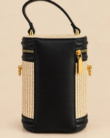 Min Min Woven Straw Cylinder Vanity Box Bag | Black Leather Trim Crossbody Purse