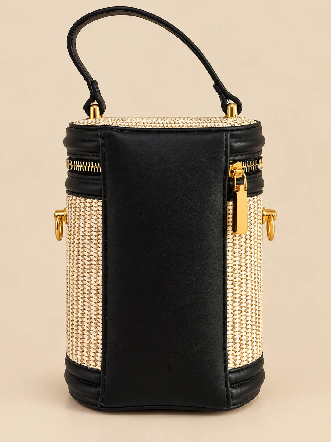 Min Min Woven Straw Cylinder Vanity Box Bag | Black Leather Trim Crossbody Purse