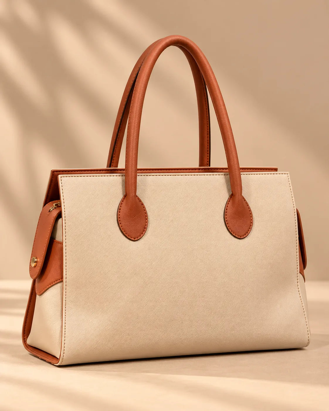 Skin Beige & Tan Brown Two-Tone Large Structured Tote Bag | Shoulder Work Purse